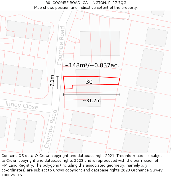 30, COOMBE ROAD, CALLINGTON, PL17 7QG: Plot and title map
