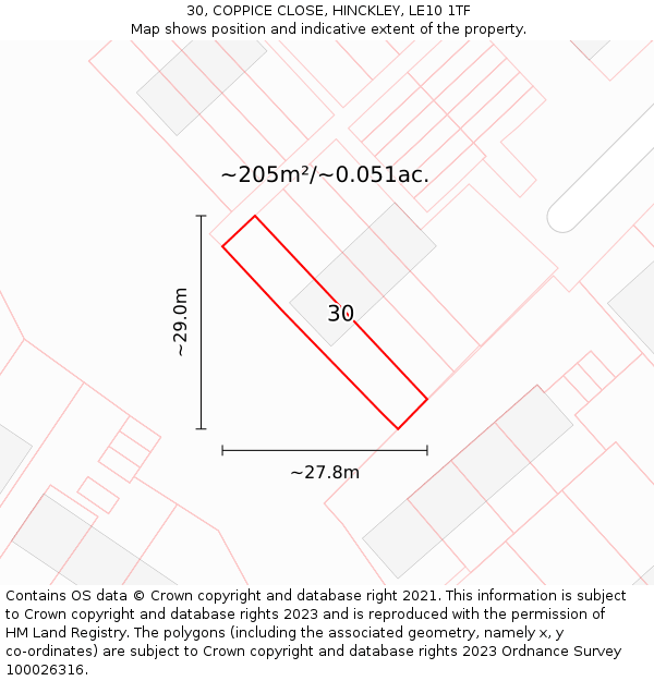 30, COPPICE CLOSE, HINCKLEY, LE10 1TF: Plot and title map