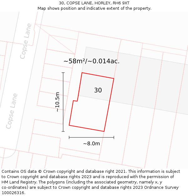 30, COPSE LANE, HORLEY, RH6 9XT: Plot and title map