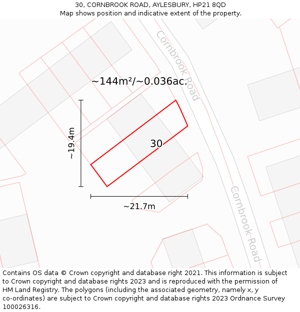 30, CORNBROOK ROAD, AYLESBURY, HP21 8QD: Plot and title map