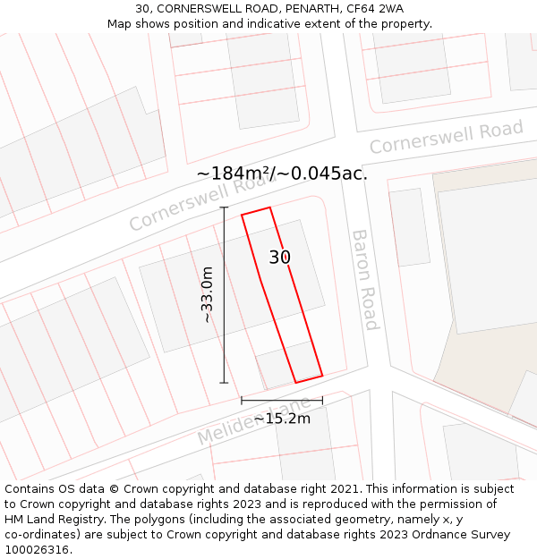 30, CORNERSWELL ROAD, PENARTH, CF64 2WA: Plot and title map