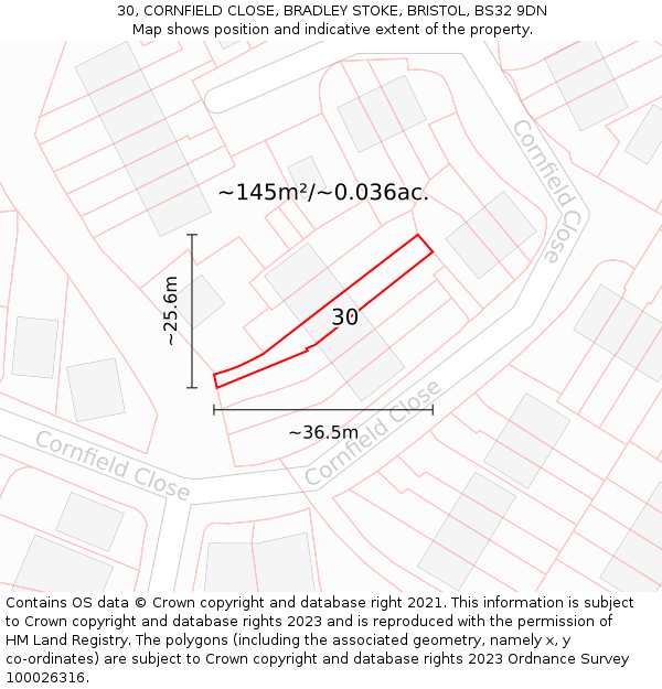 30, CORNFIELD CLOSE, BRADLEY STOKE, BRISTOL, BS32 9DN: Plot and title map