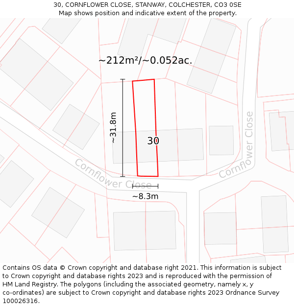 30, CORNFLOWER CLOSE, STANWAY, COLCHESTER, CO3 0SE: Plot and title map