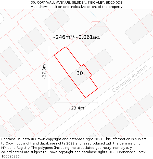 30, CORNWALL AVENUE, SILSDEN, KEIGHLEY, BD20 0DB: Plot and title map