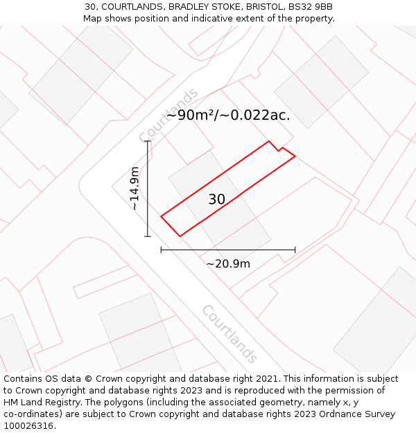 30, COURTLANDS, BRADLEY STOKE, BRISTOL, BS32 9BB: Plot and title map