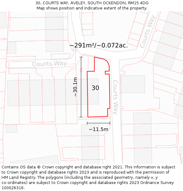 30, COURTS WAY, AVELEY, SOUTH OCKENDON, RM15 4DG: Plot and title map