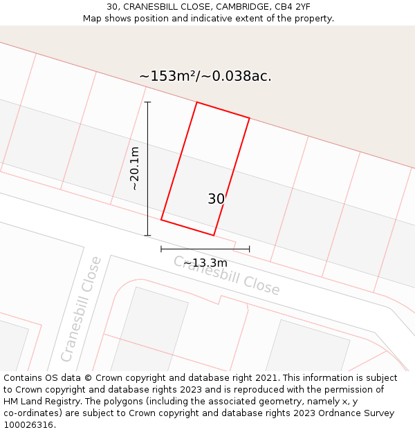 30, CRANESBILL CLOSE, CAMBRIDGE, CB4 2YF: Plot and title map