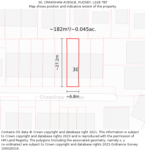 30, CRAWSHAW AVENUE, PUDSEY, LS28 7BT: Plot and title map