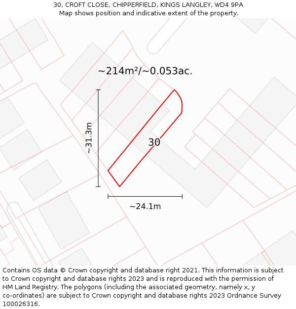 30, CROFT CLOSE, CHIPPERFIELD, KINGS LANGLEY, WD4 9PA: Plot and title map