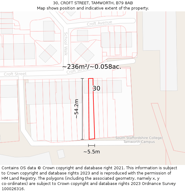 30, CROFT STREET, TAMWORTH, B79 8AB: Plot and title map