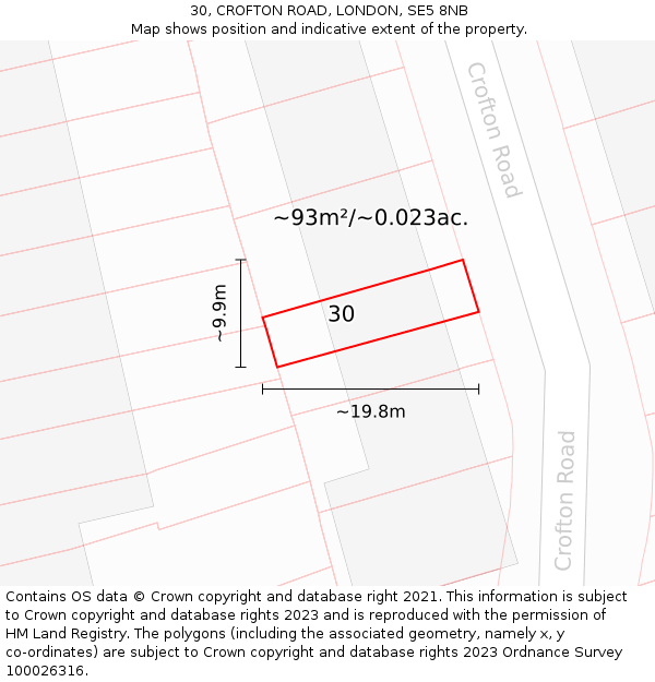30, CROFTON ROAD, LONDON, SE5 8NB: Plot and title map