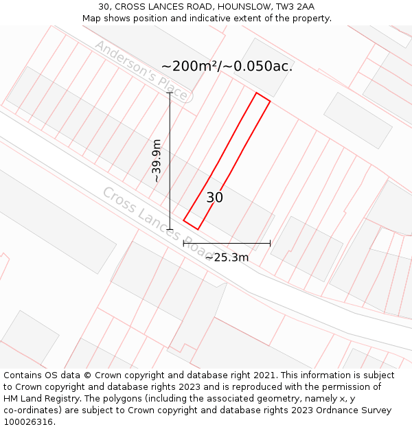 30, CROSS LANCES ROAD, HOUNSLOW, TW3 2AA: Plot and title map