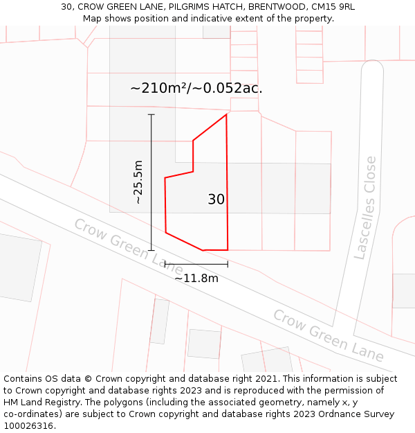 30, CROW GREEN LANE, PILGRIMS HATCH, BRENTWOOD, CM15 9RL: Plot and title map