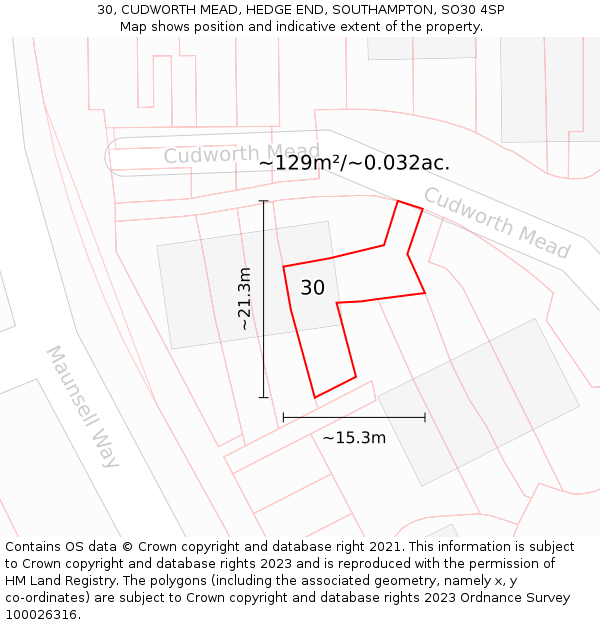 30, CUDWORTH MEAD, HEDGE END, SOUTHAMPTON, SO30 4SP: Plot and title map