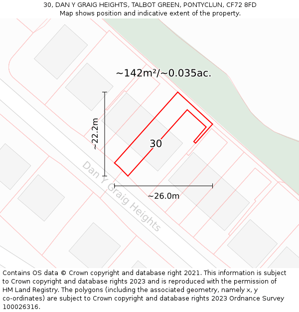 30, DAN Y GRAIG HEIGHTS, TALBOT GREEN, PONTYCLUN, CF72 8FD: Plot and title map