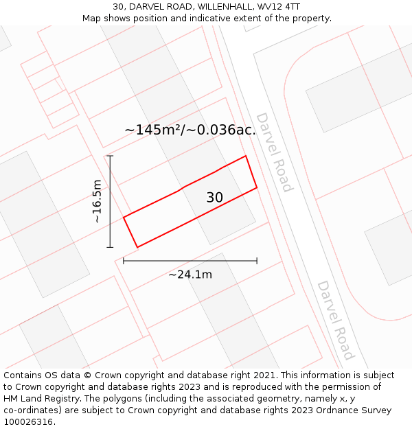 30, DARVEL ROAD, WILLENHALL, WV12 4TT: Plot and title map