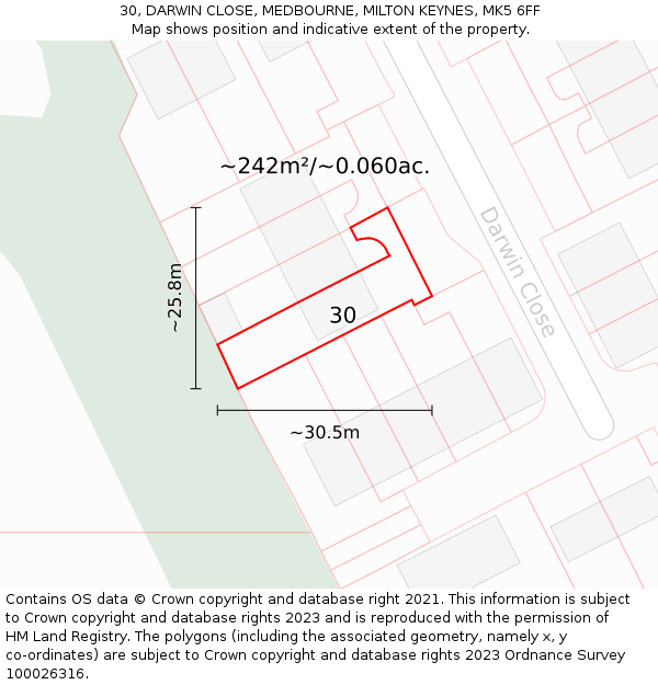 30, DARWIN CLOSE, MEDBOURNE, MILTON KEYNES, MK5 6FF: Plot and title map