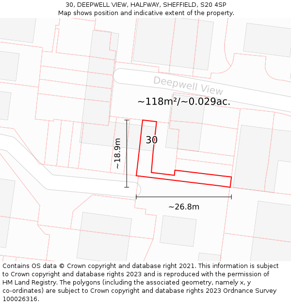 30, DEEPWELL VIEW, HALFWAY, SHEFFIELD, S20 4SP: Plot and title map