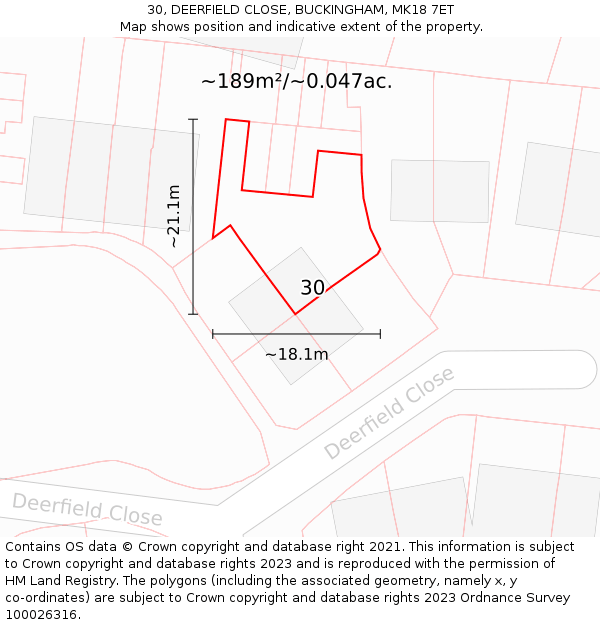 30, DEERFIELD CLOSE, BUCKINGHAM, MK18 7ET: Plot and title map