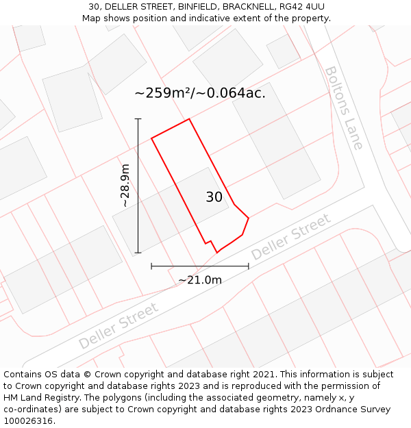 30, DELLER STREET, BINFIELD, BRACKNELL, RG42 4UU: Plot and title map