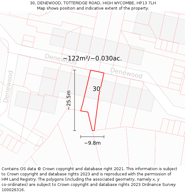 30, DENEWOOD, TOTTERIDGE ROAD, HIGH WYCOMBE, HP13 7LH: Plot and title map