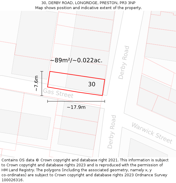 30, DERBY ROAD, LONGRIDGE, PRESTON, PR3 3NP: Plot and title map