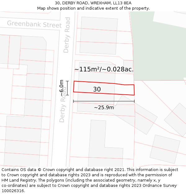 30, DERBY ROAD, WREXHAM, LL13 8EA: Plot and title map