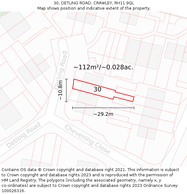 30, DETLING ROAD, CRAWLEY, RH11 9QL: Plot and title map