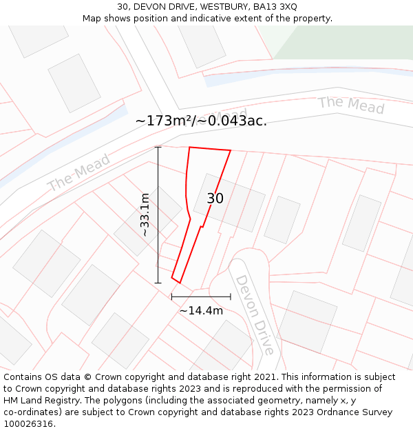 30, DEVON DRIVE, WESTBURY, BA13 3XQ: Plot and title map