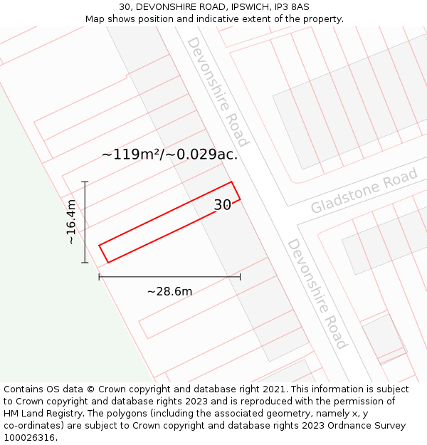 30, DEVONSHIRE ROAD, IPSWICH, IP3 8AS: Plot and title map