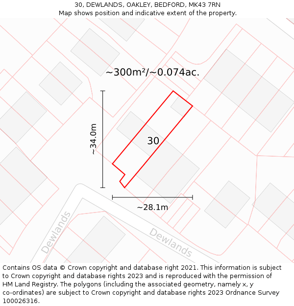 30, DEWLANDS, OAKLEY, BEDFORD, MK43 7RN: Plot and title map
