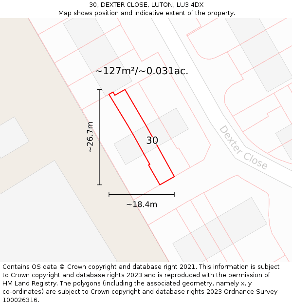 30, DEXTER CLOSE, LUTON, LU3 4DX: Plot and title map