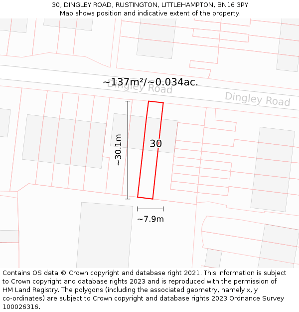 30, DINGLEY ROAD, RUSTINGTON, LITTLEHAMPTON, BN16 3PY: Plot and title map