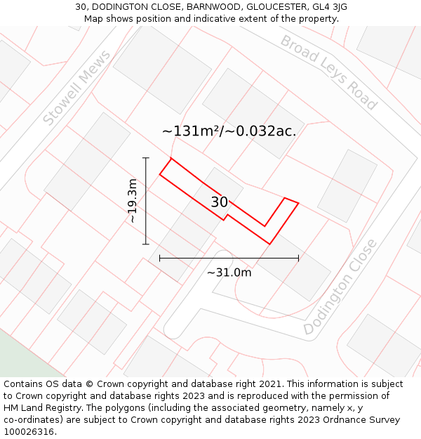30, DODINGTON CLOSE, BARNWOOD, GLOUCESTER, GL4 3JG: Plot and title map