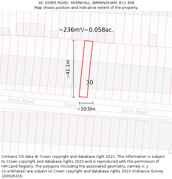 30, DORIS ROAD, SPARKHILL, BIRMINGHAM, B11 4NE: Plot and title map