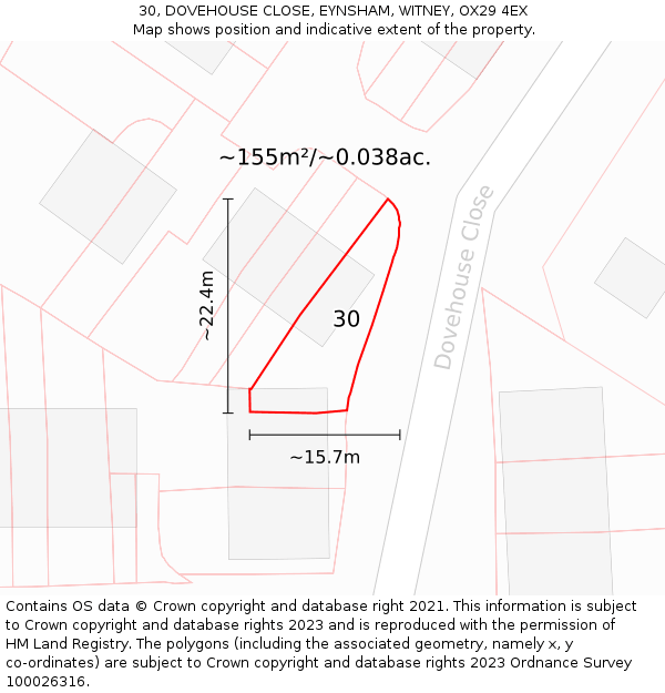 30, DOVEHOUSE CLOSE, EYNSHAM, WITNEY, OX29 4EX: Plot and title map