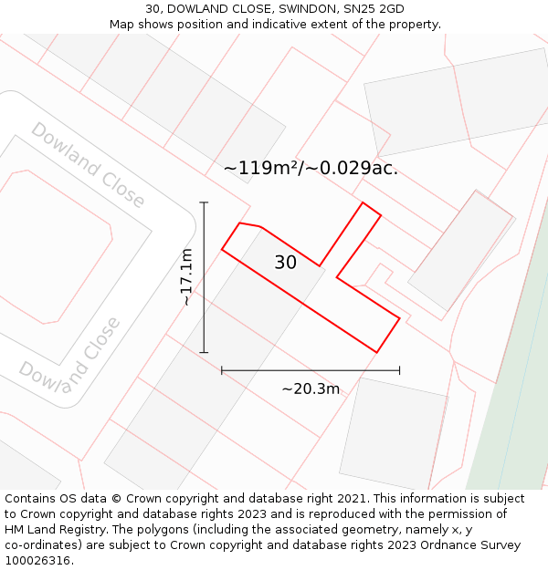 30, DOWLAND CLOSE, SWINDON, SN25 2GD: Plot and title map