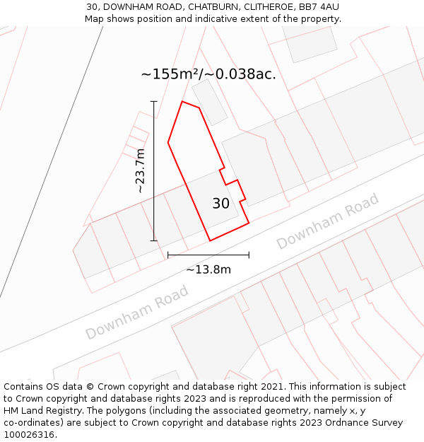 30, DOWNHAM ROAD, CHATBURN, CLITHEROE, BB7 4AU: Plot and title map