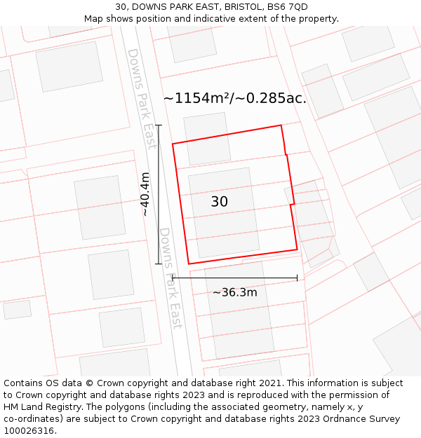 30, DOWNS PARK EAST, BRISTOL, BS6 7QD: Plot and title map
