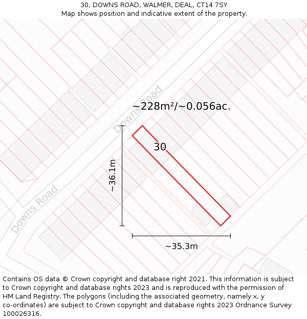 30, DOWNS ROAD, WALMER, DEAL, CT14 7SY: Plot and title map