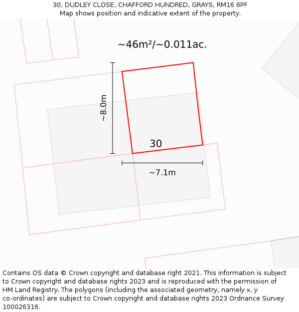 30, DUDLEY CLOSE, CHAFFORD HUNDRED, GRAYS, RM16 6PF: Plot and title map