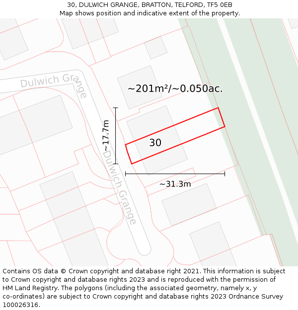 30, DULWICH GRANGE, BRATTON, TELFORD, TF5 0EB: Plot and title map