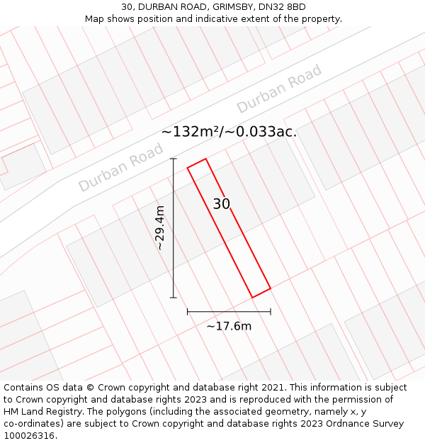 30, DURBAN ROAD, GRIMSBY, DN32 8BD: Plot and title map
