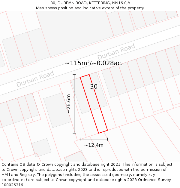 30, DURBAN ROAD, KETTERING, NN16 0JA: Plot and title map