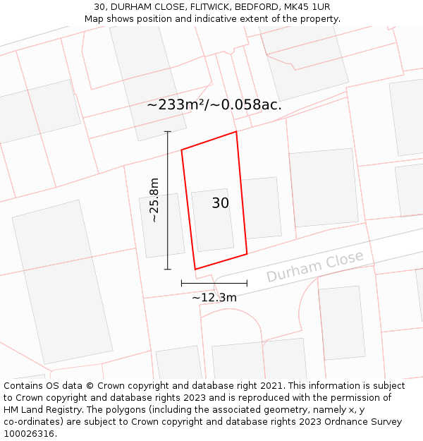 30, DURHAM CLOSE, FLITWICK, BEDFORD, MK45 1UR: Plot and title map