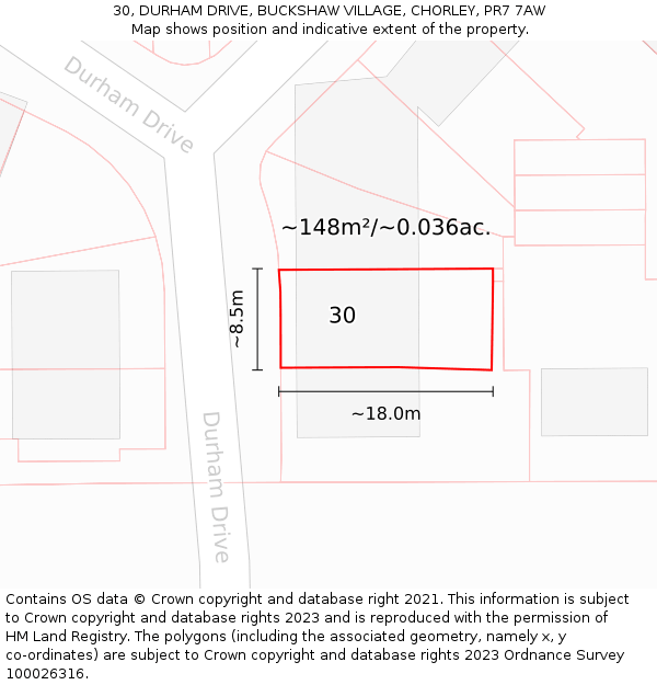 30, DURHAM DRIVE, BUCKSHAW VILLAGE, CHORLEY, PR7 7AW: Plot and title map