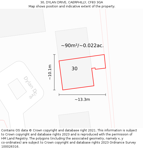 30, DYLAN DRIVE, CAERPHILLY, CF83 3GA: Plot and title map