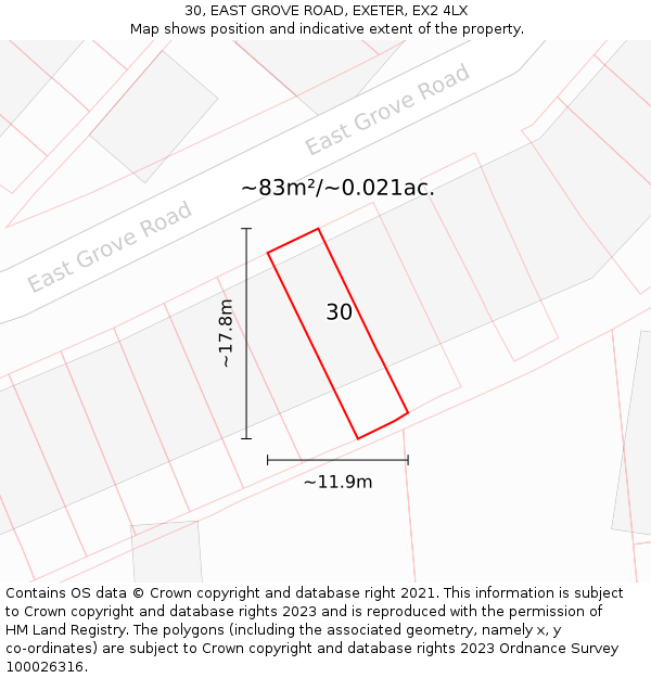 30, EAST GROVE ROAD, EXETER, EX2 4LX: Plot and title map