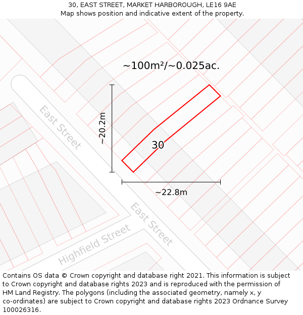 30, EAST STREET, MARKET HARBOROUGH, LE16 9AE: Plot and title map