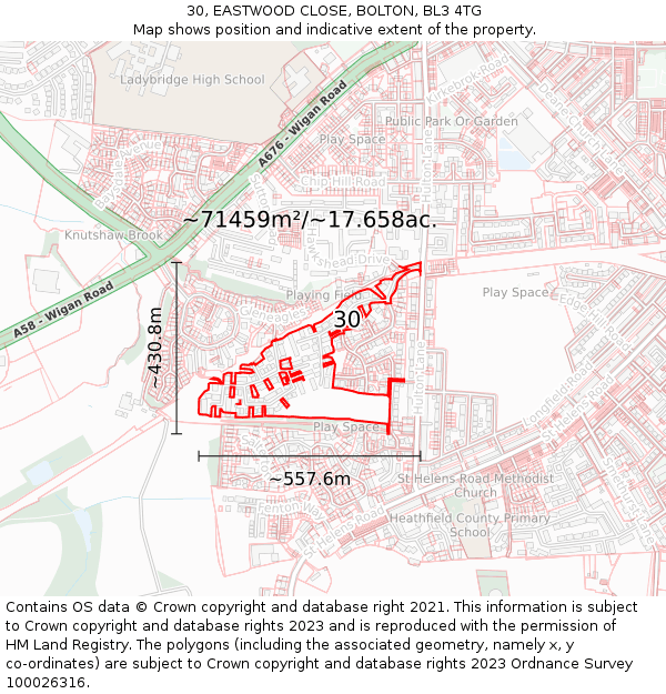30, EASTWOOD CLOSE, BOLTON, BL3 4TG: Plot and title map